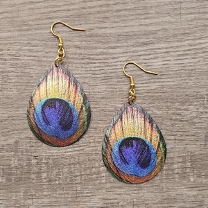 Pigness & Company Peacock Feather Earrings with Gold Hooks